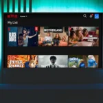 Giao diện Apple TV hiển thị mục "Watchlist" với các bộ phim và chương trình Netflix, minh họa tính năng tích hợp nội dung.
