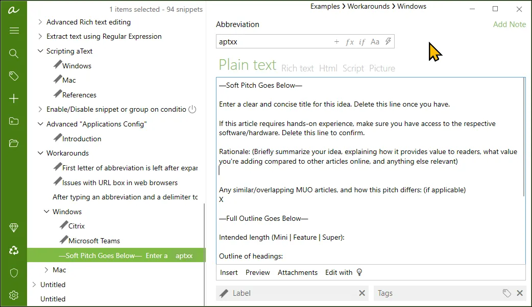 Giao diện aText hỗ trợ gõ tắt tự động trên Windows 11