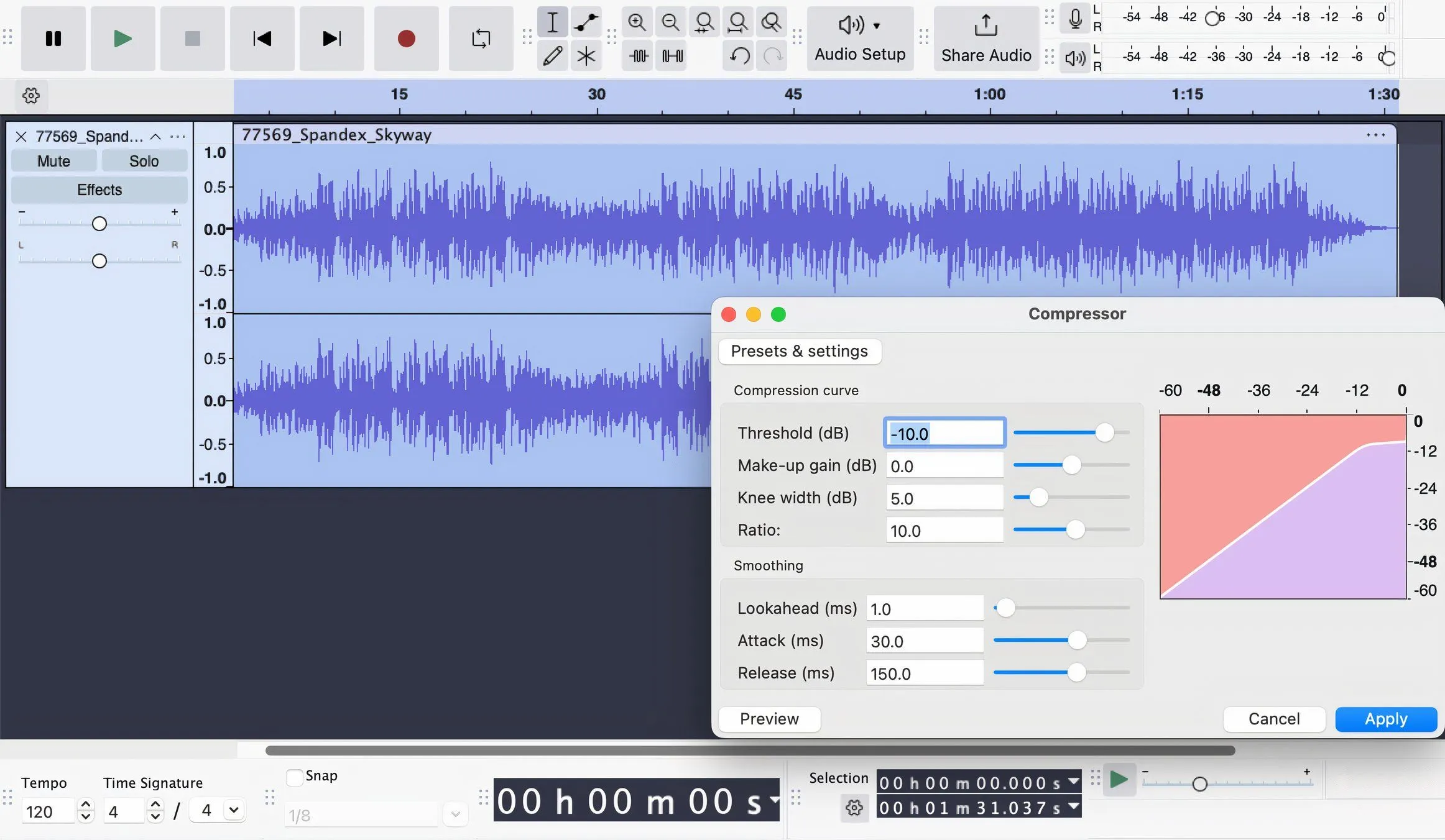 Giao diện Audacity với plugin nén âm thanh được chọn, minh họa khả năng mở rộng tính năng của phần mềm chỉnh sửa âm thanh miễn phí này.