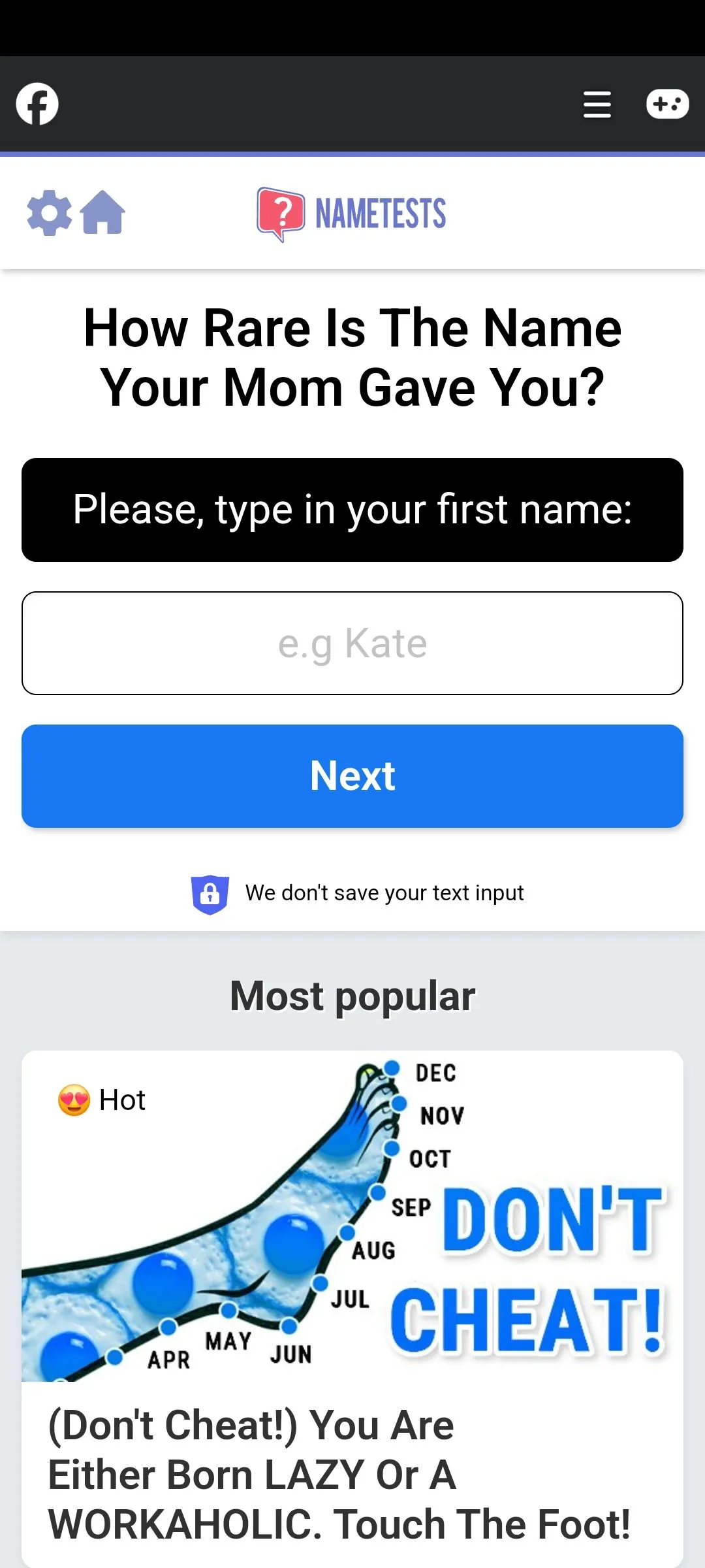 Giao diện bài kiểm tra &quot;Nametest&quot; trên Facebook, minh họa cách các quiz trực tuyến thu thập dữ liệu cá nhân