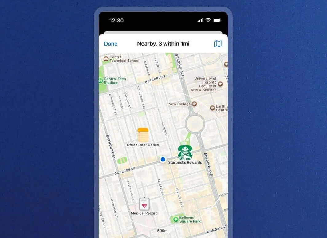 Giao diện bản đồ trong ứng dụng 1Password hiển thị các mục được gán vị trí.