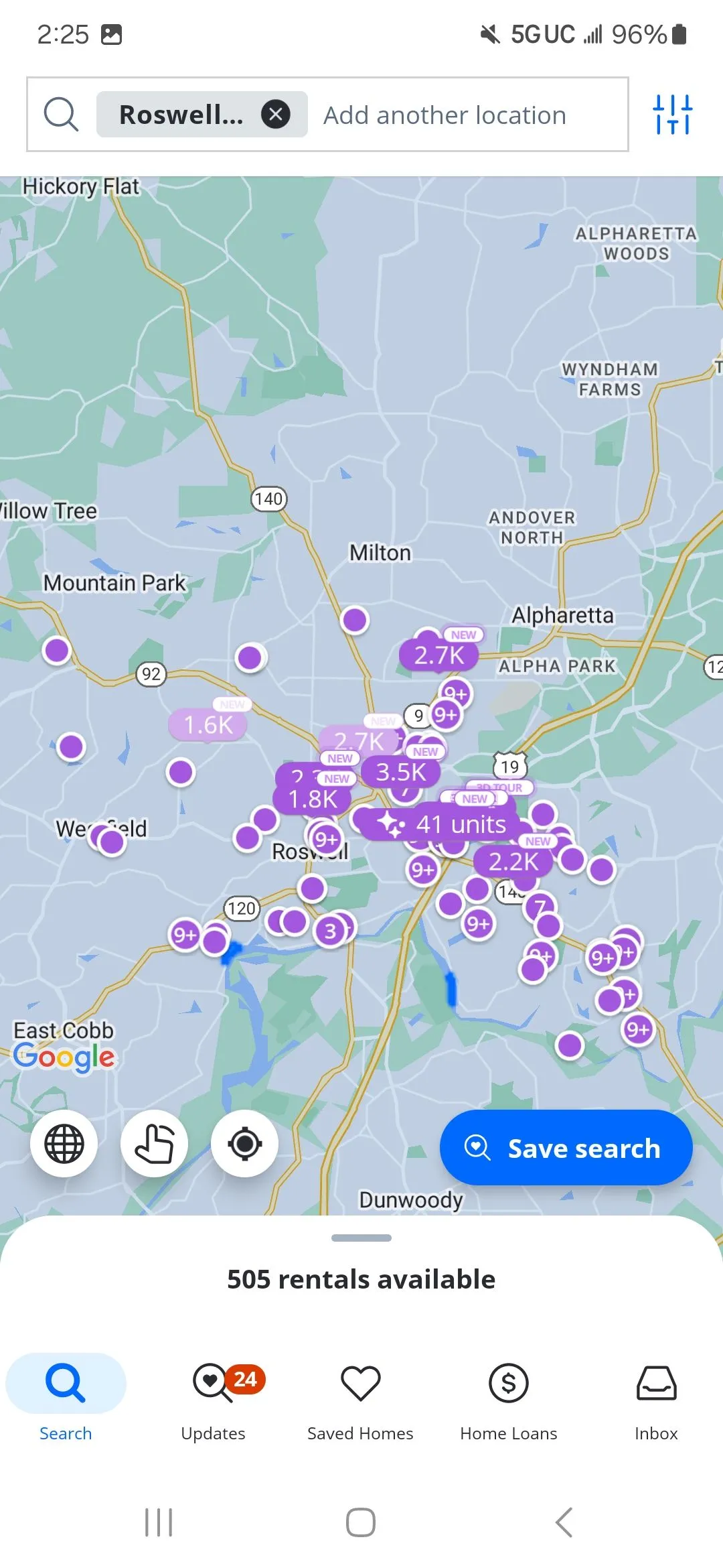 Giao diện bản đồ và danh sách căn hộ trên ứng dụng Zillow