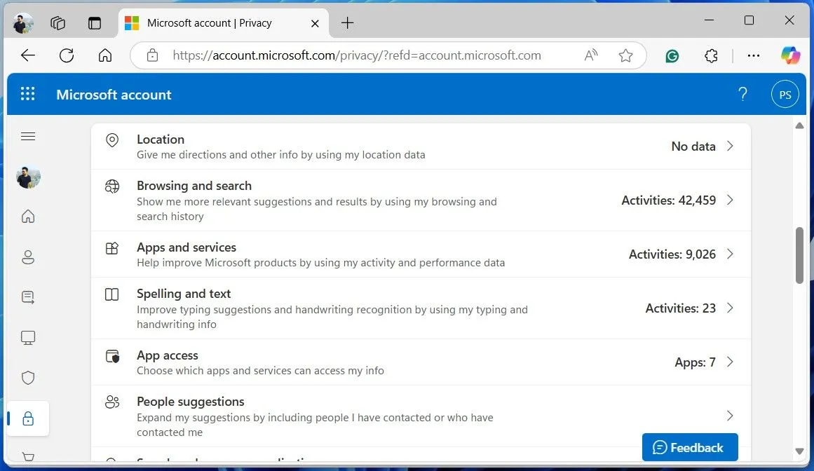 Giao diện Bảng điều khiển Quyền riêng tư của Microsoft trong trình duyệt, cho phép người dùng xem và quản lý dữ liệu tài khoản.