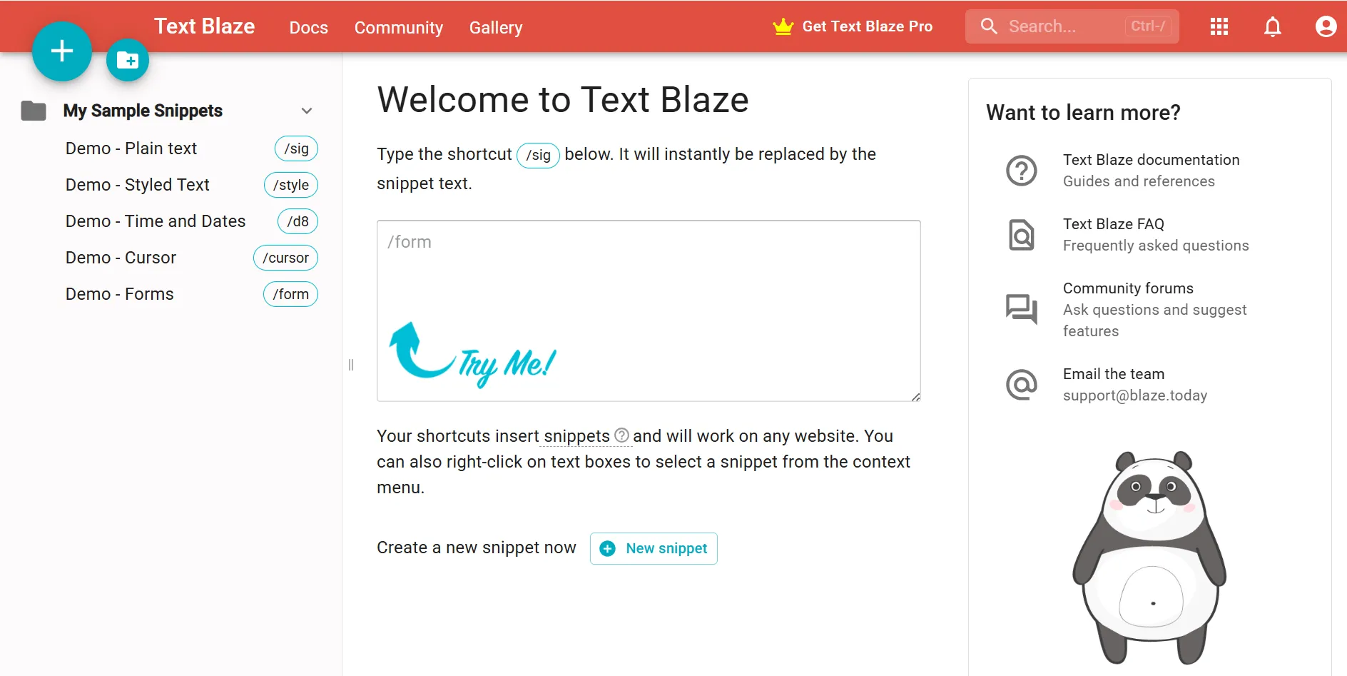 Giao diện bảng điều khiển Text Blaze, nơi người dùng quản lý và tạo các đoạn văn bản mẫu (snippets) để tự động hóa việc gõ phím.