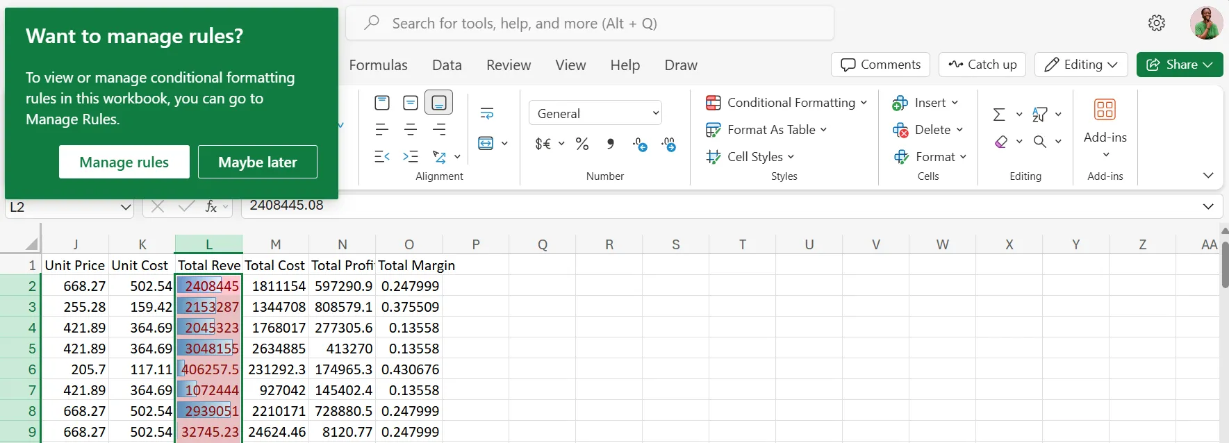 Giao diện bật lên "Quản lý Quy tắc Định dạng Có Điều Kiện" khi tùy chỉnh Data Bars trong Excel Online