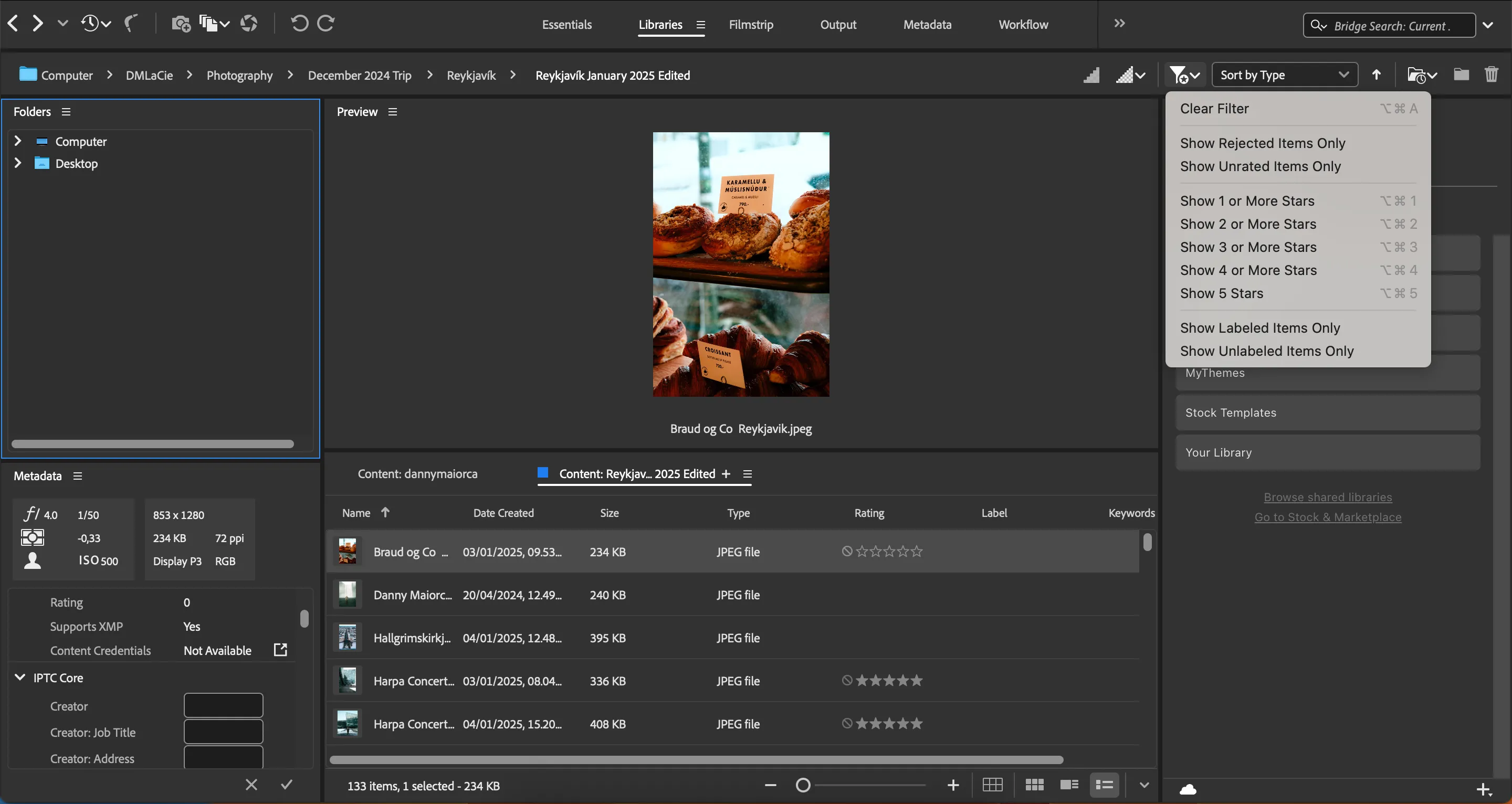Giao diện bộ lọc trong Adobe Bridge cho phép sắp xếp và tìm kiếm ảnh theo nhiều tiêu chí
