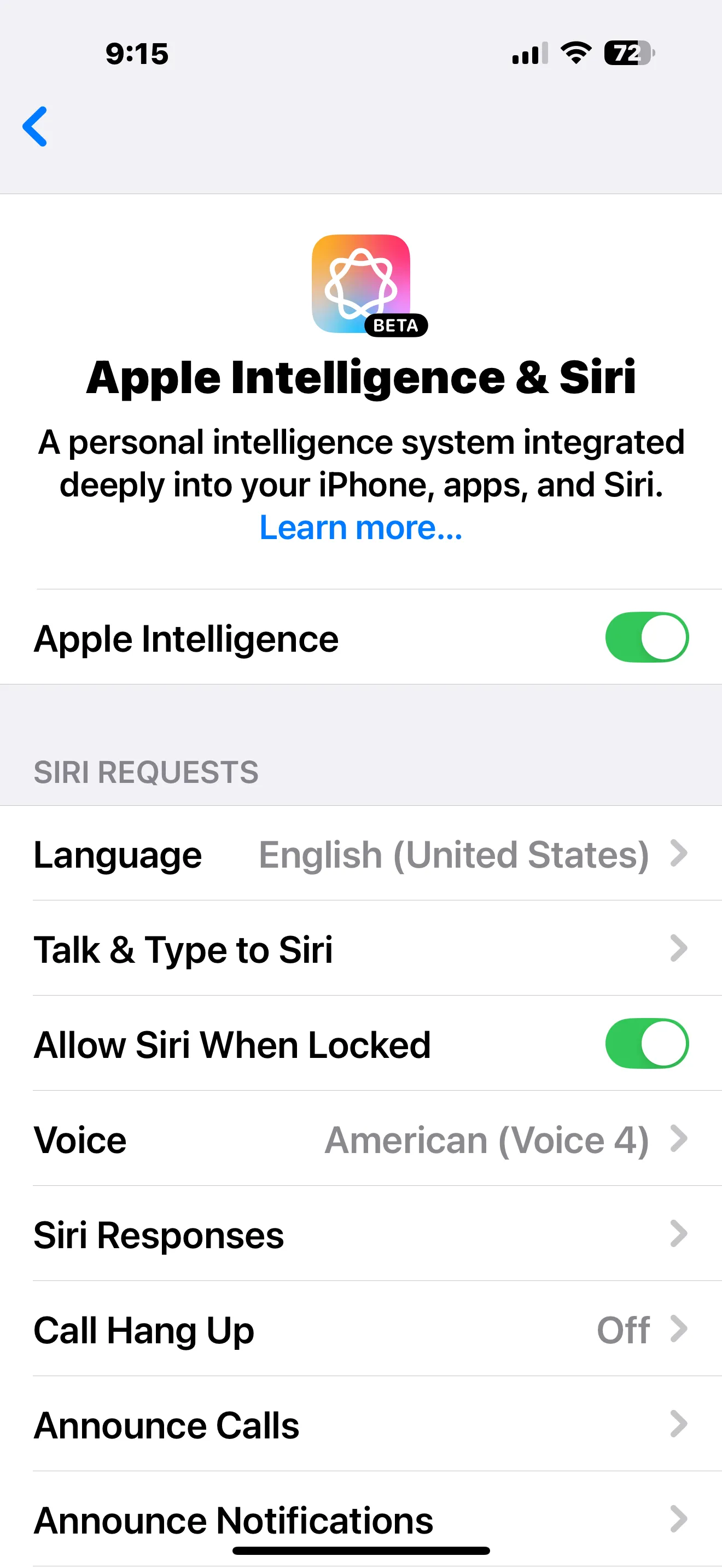 giao diện cài đặt Apple Intelligence và Siri trên iPhone, tùy chọn tắt AI Apple, menu cài đặt iOS