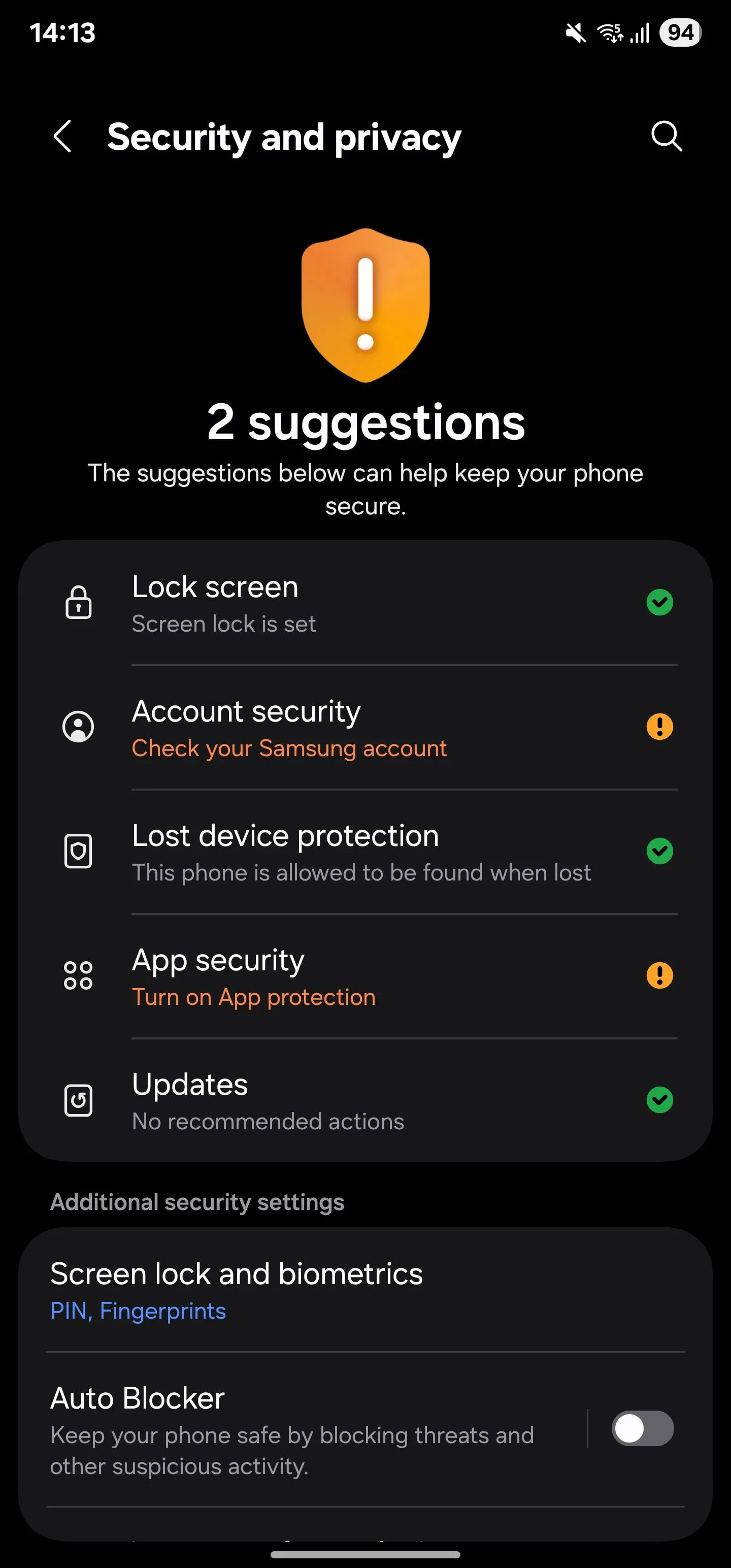 Giao diện cài đặt Bảo mật và quyền riêng tư trên điện thoại Samsung Galaxy