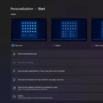 Giao diện cài đặt bố cục Start Menu Windows 11 với các tùy chọn ghim và đề xuất