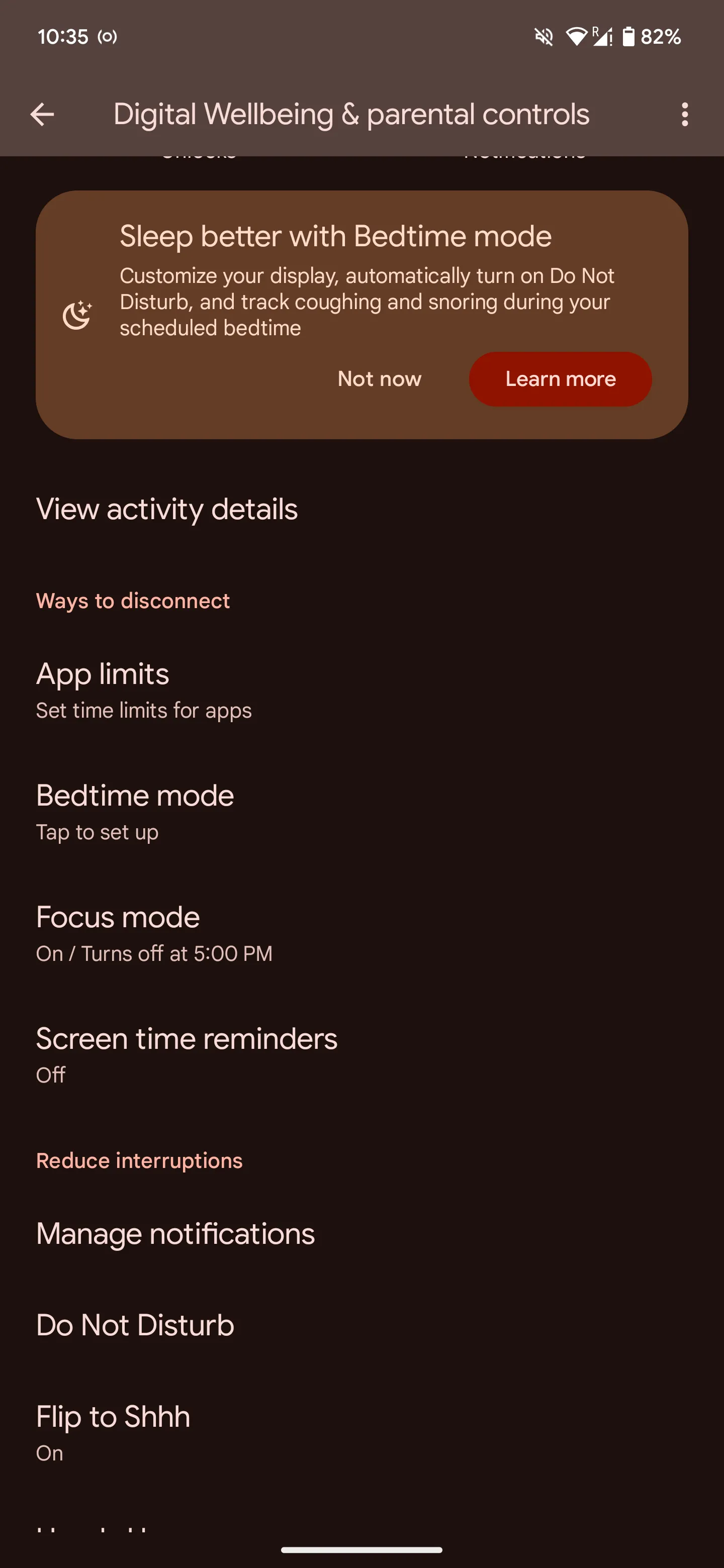 Giao diện cài đặt Chế độ Giờ đi ngủ trên Android để kích hoạt tính năng tự động tắt thông báo.