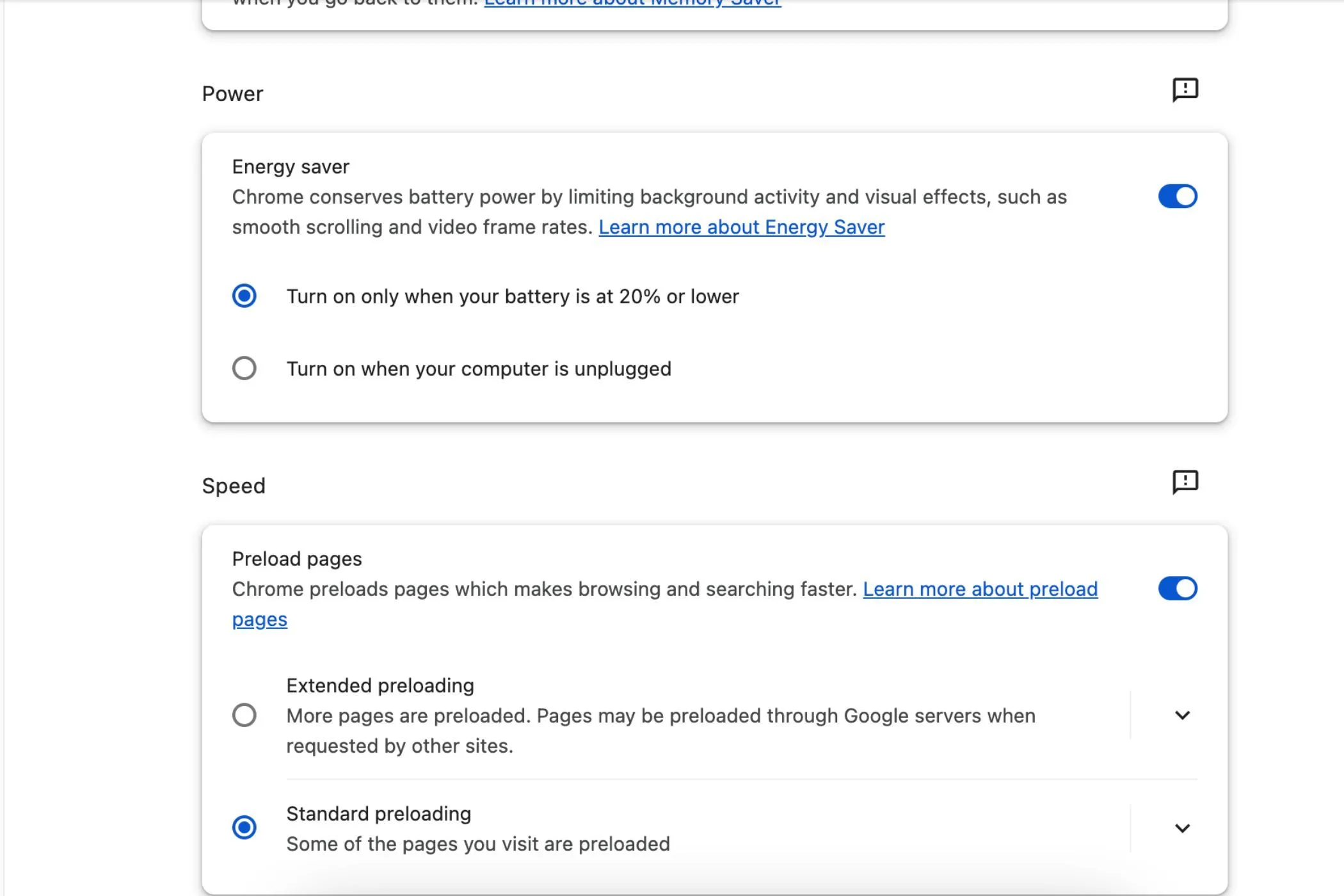 Giao diện cài đặt chế độ tiết kiệm năng lượng trong Google Chrome