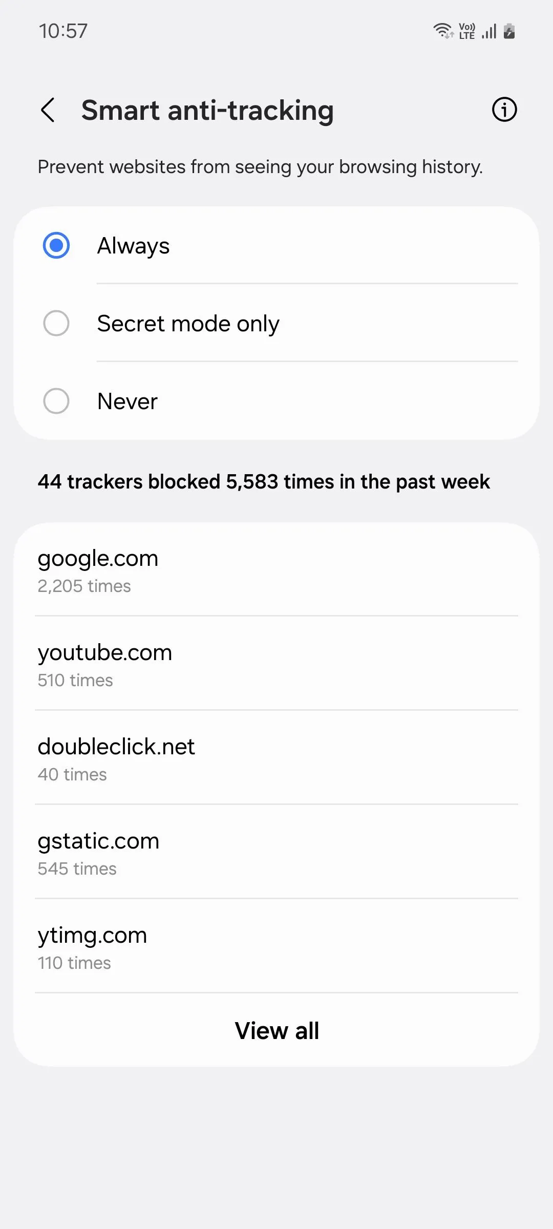 Giao diện cài đặt Chống theo dõi thông minh trên Samsung Internet