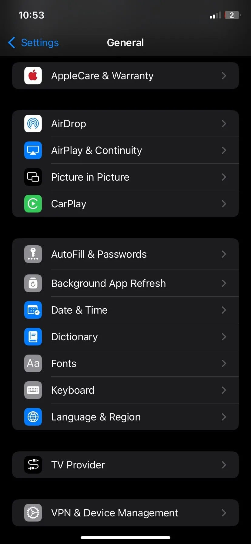 Giao diện Cài đặt chung trên iPhone nơi truy cập Bàn phím