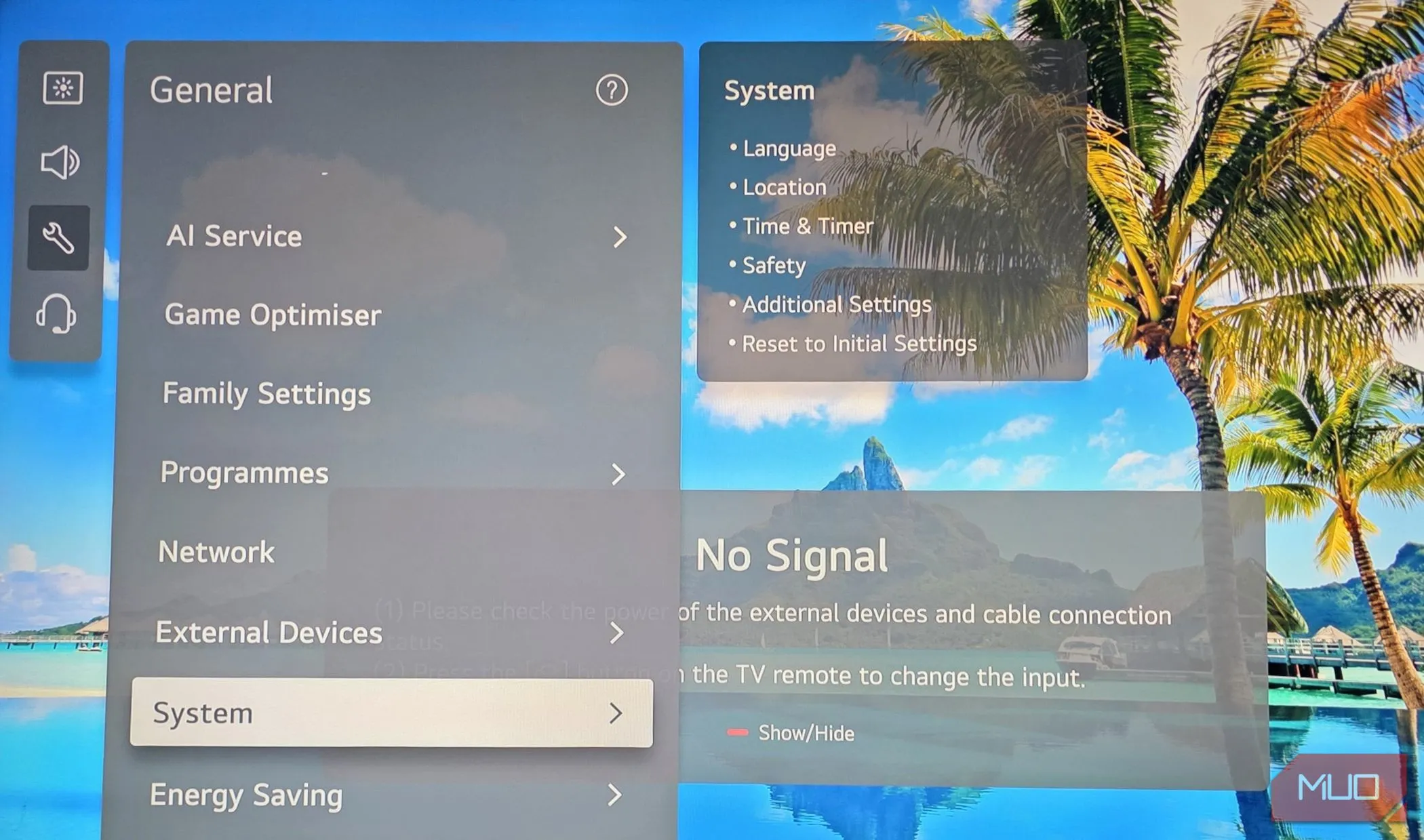 Giao diện cài đặt chung trên Smart TV LG cho phép tùy chỉnh các thiết lập riêng tư và bảo mật.