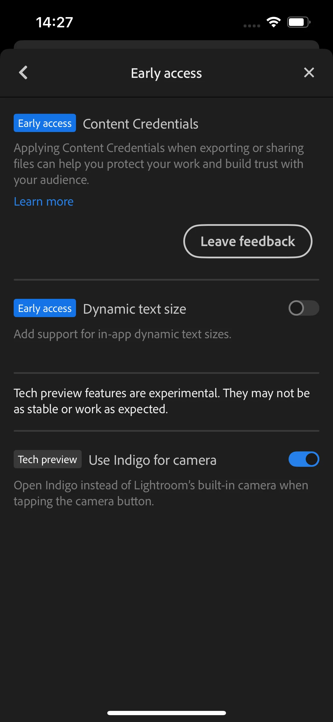 Giao diện cài đặt của ứng dụng Lightroom Mobile hiển thị tùy chọn tích hợp Project Indigo vào quy trình làm việc