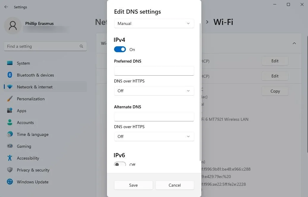 Giao diện cài đặt DNS nâng cao trên hệ điều hành