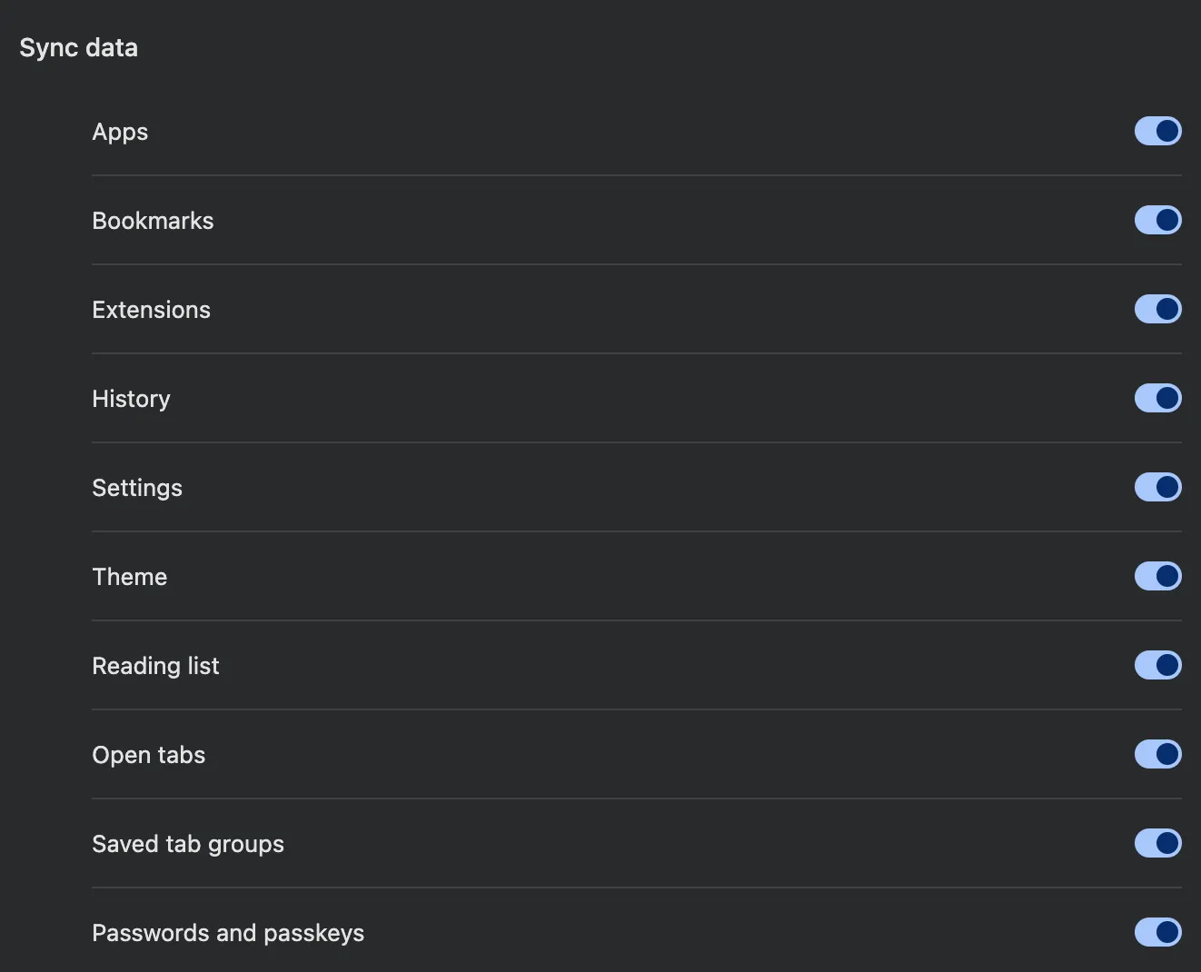 Giao diện cài đặt đồng bộ hóa trên trình duyệt Google Chrome, hiển thị các tùy chọn dữ liệu có thể đồng bộ như dấu trang, lịch sử, mật khẩu.