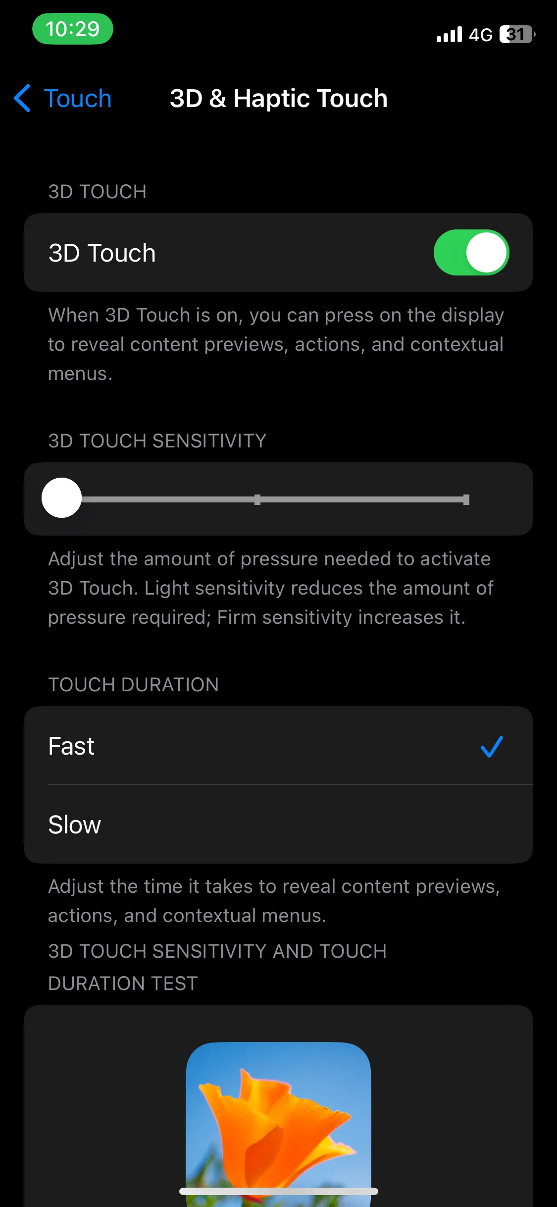 Giao diện cài đặt Haptic Touch hoặc 3D &amp; Haptic Touch trên iPhone để điều chỉnh thời lượng chạm.