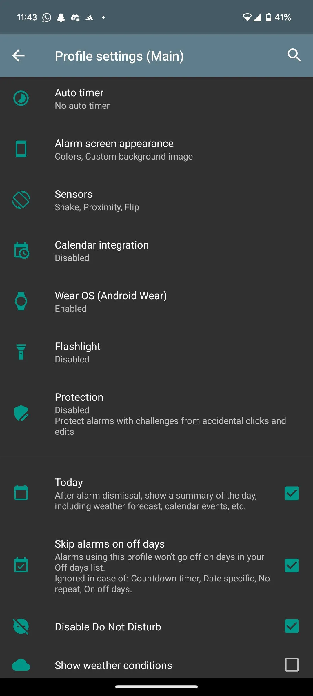Giao diện cài đặt hồ sơ báo thức trong AMdroid, cho phép tùy chỉnh sâu về âm thanh, thử thách và các tùy chọn khác