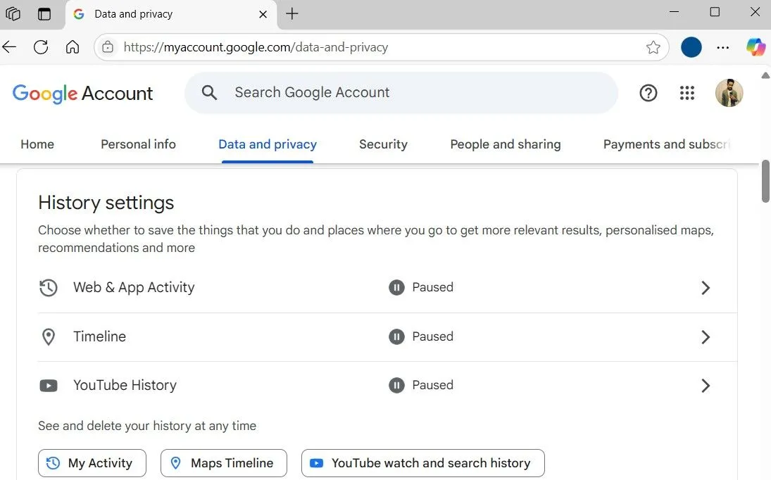 Giao diện cài đặt lịch sử hoạt động tài khoản Google trên trình duyệt, minh họa cách tắt tính năng thu thập dữ liệu.