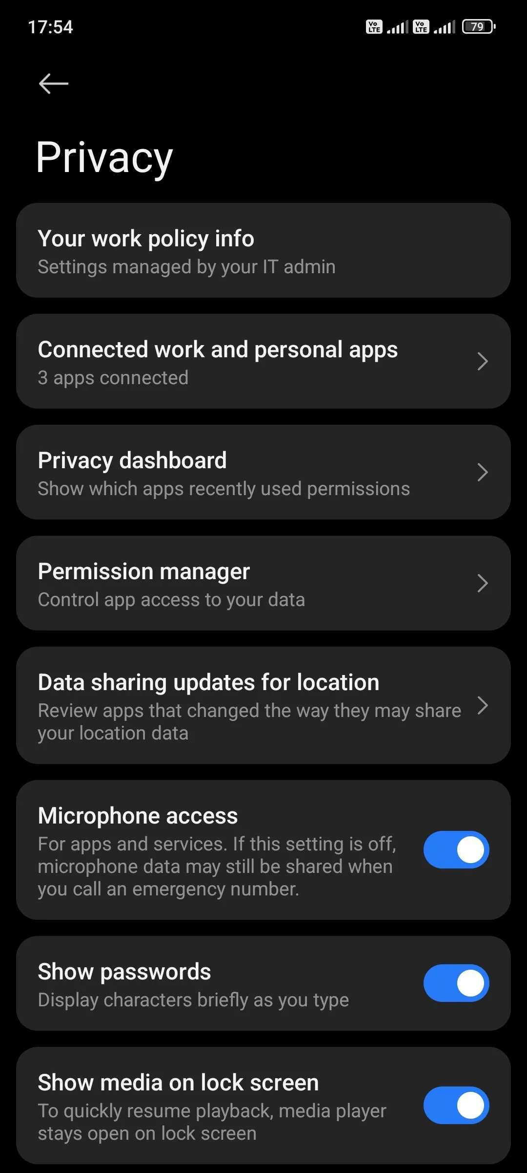 Giao diện Cài đặt quyền riêng tư trên Android, hiển thị tùy chọn &quot;Trình quản lý quyền&quot; để kiểm soát quyền ứng dụng