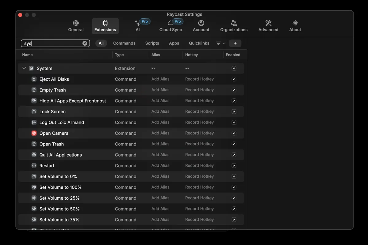 Giao diện cài đặt Raycast cho phép người dùng tùy chỉnh và tạo các phím tắt hệ thống trên macOS