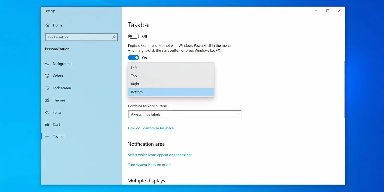 Giao diện cài đặt Taskbar trong Windows 10, hiển thị tùy chọn vị trí thanh tác vụ
