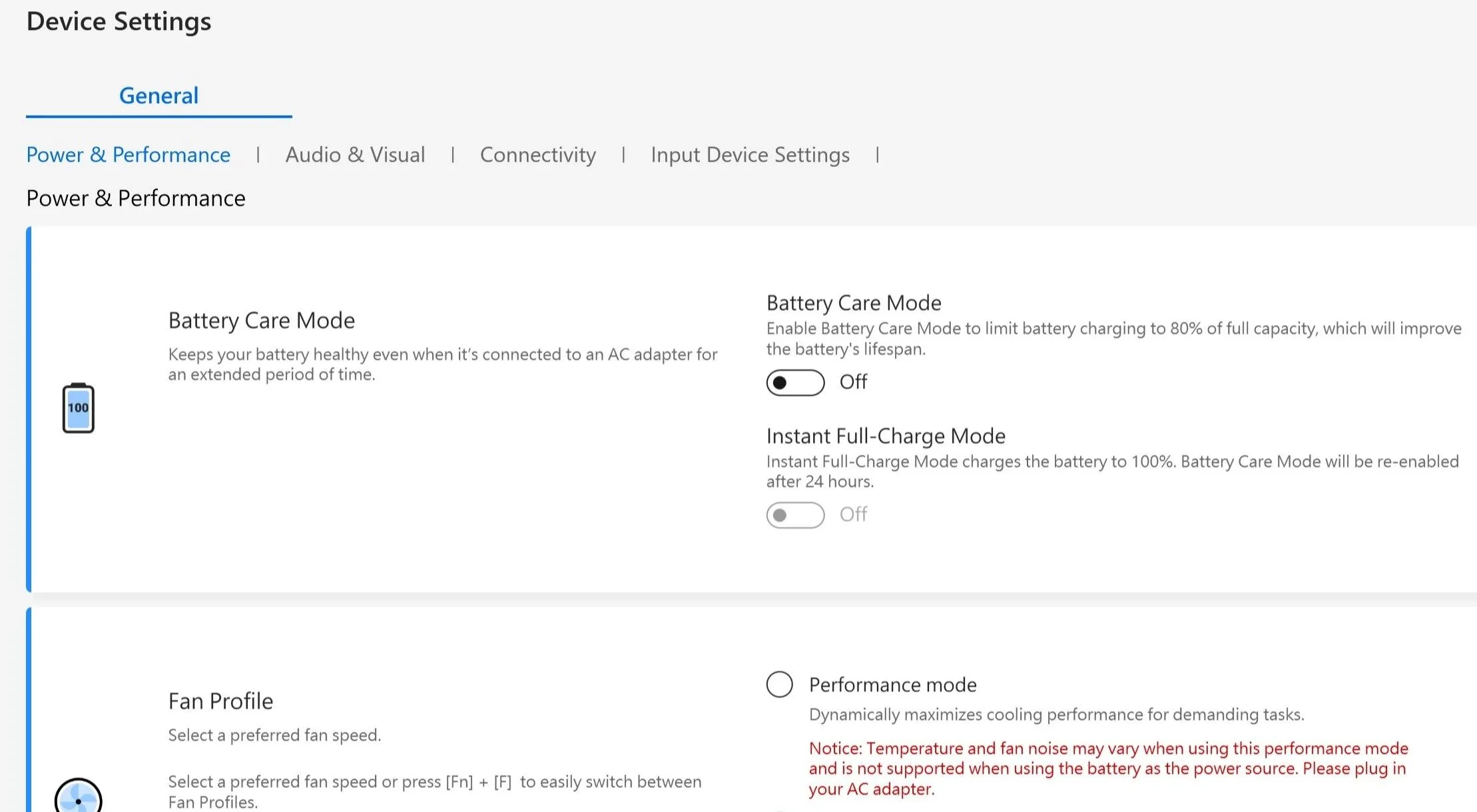 Giao diện cài đặt thiết bị (Device Settings) của ứng dụng MyAsus để giới hạn sạc pin
