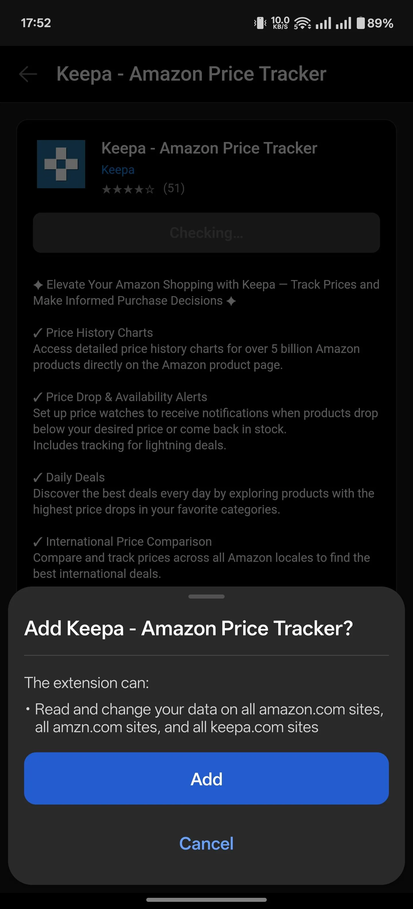 Giao diện cài đặt tiện ích mở rộng Dark Reader trên Microsoft Edge dành cho Android