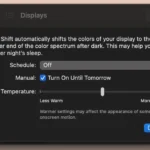 Giao diện cài đặt tính năng Night Shift trên máy Mac, hiển thị tùy chọn điều chỉnh nhiệt độ màu màn hình để giảm ánh sáng xanh.