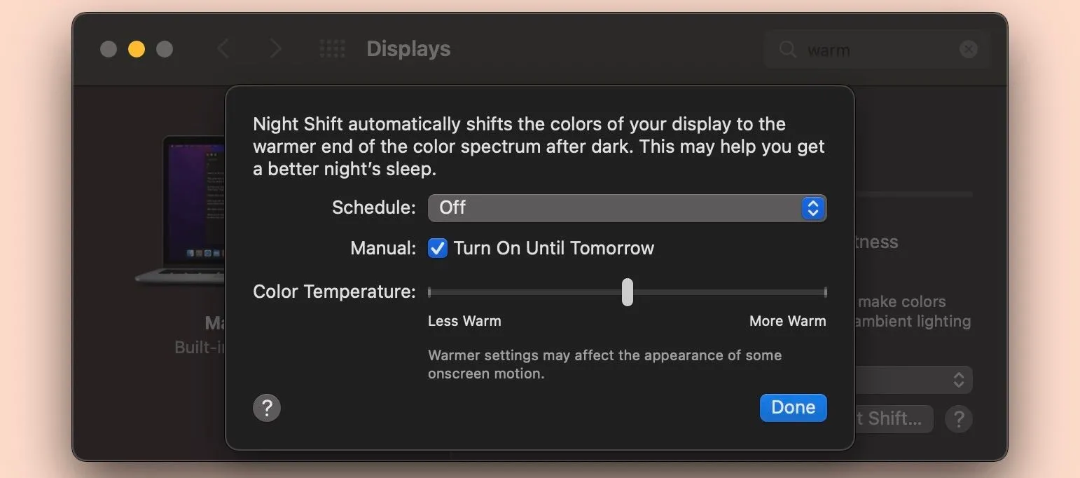 Giao diện cài đặt tính năng Night Shift trên máy Mac, hiển thị tùy chọn điều chỉnh nhiệt độ màu màn hình để giảm ánh sáng xanh.