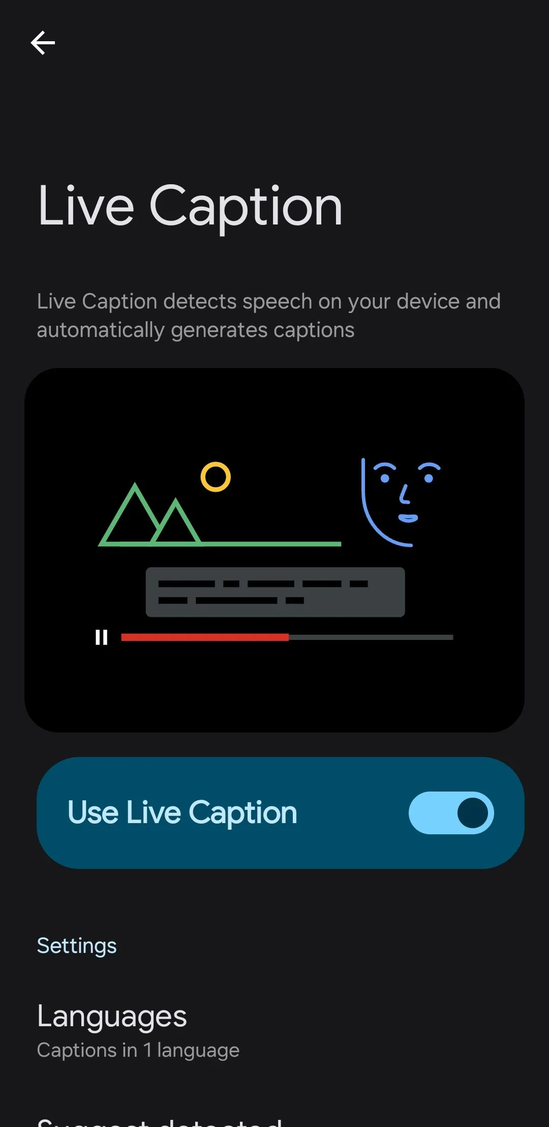 Giao diện cài đặt tính năng Phụ đề trực tiếp (Live Caption) trên điện thoại Android