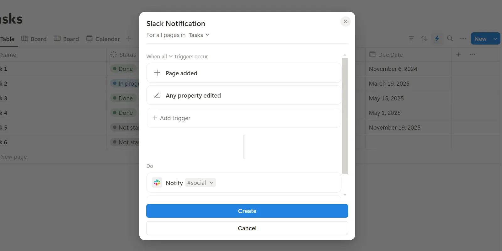 Giao diện cài đặt tự động hóa thông báo Slack trong Notion