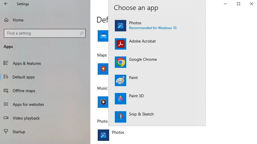 Giao diện cài đặt ứng dụng mặc định trên Windows 10, minh họa sự đơn giản khi thay đổi ứng dụng cho các loại tệp