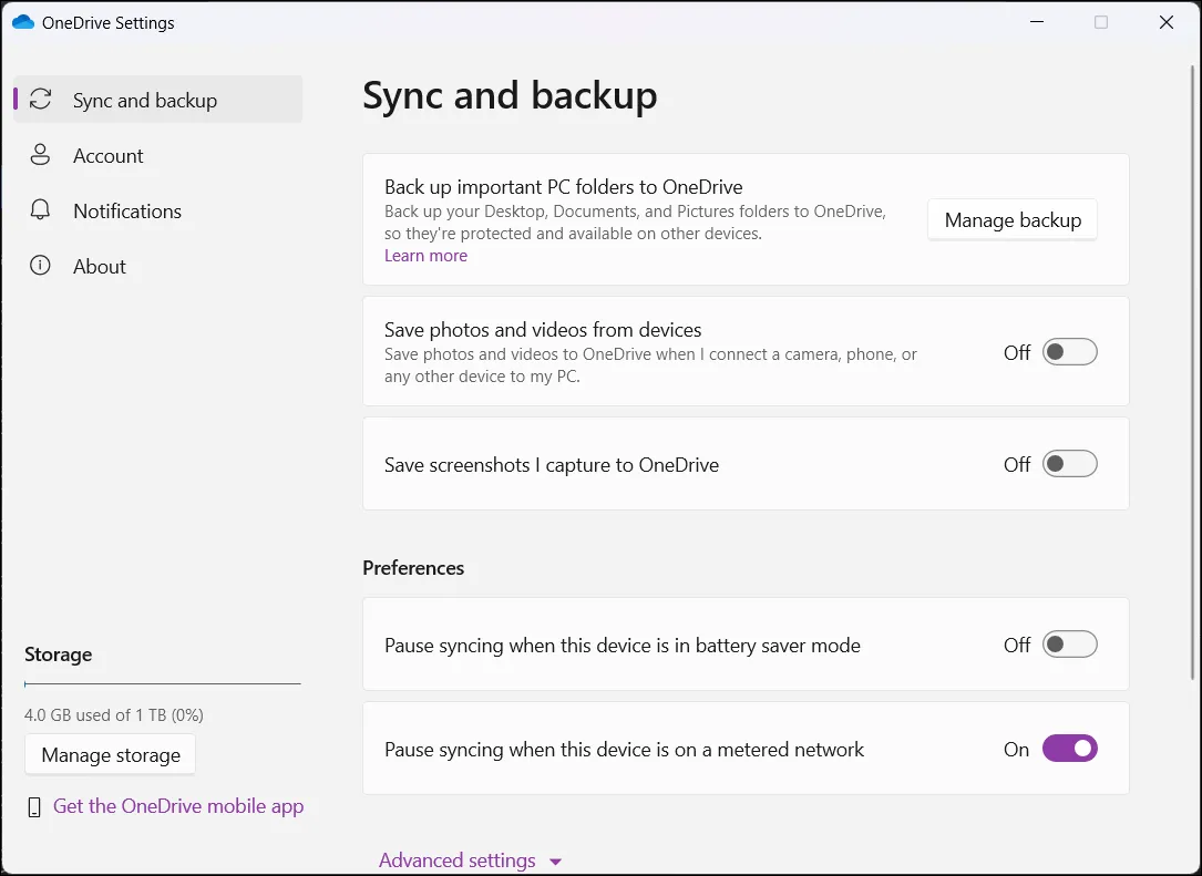 Giao diện cài đặt ứng dụng OneDrive trên Windows 11