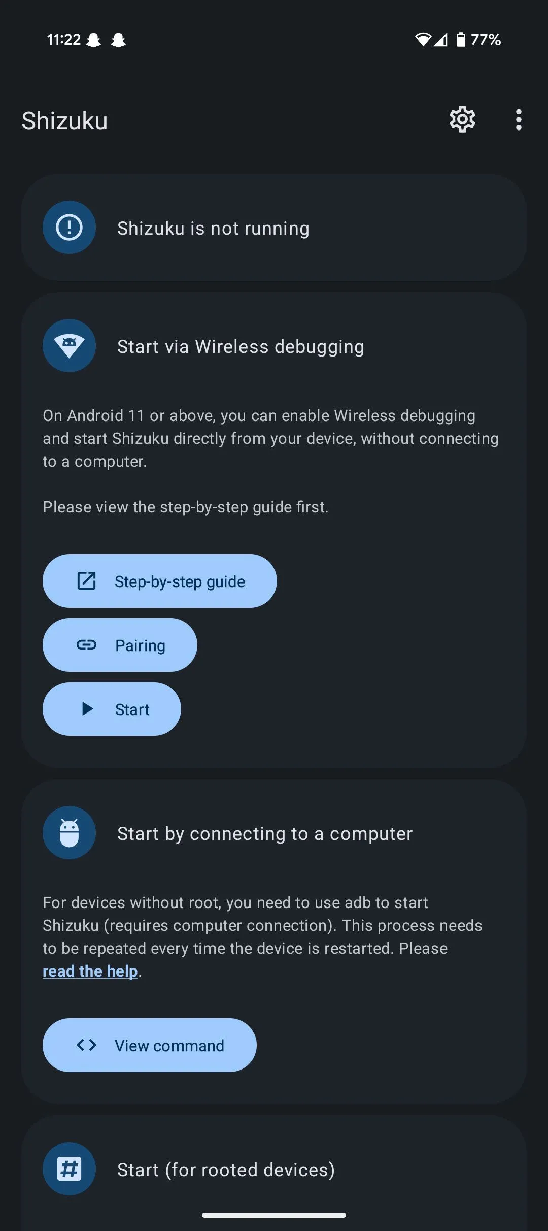 Giao diện cài đặt ứng dụng Shizuku trên Android, hiển thị các bước cấu hình để kích hoạt tính năng gỡ lỗi không dây.