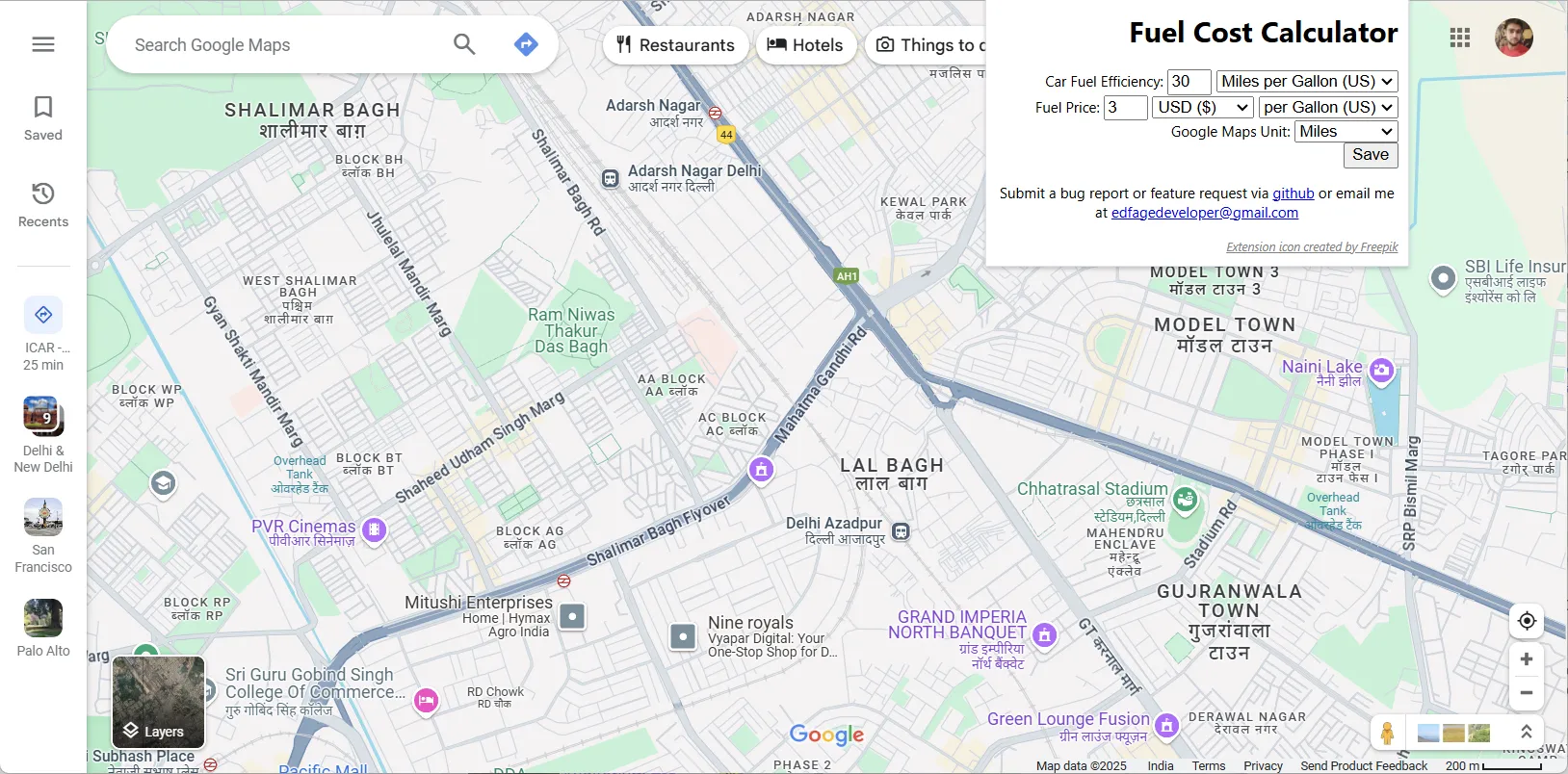 Giao diện cài đặt và cấu hình tiện ích tính toán chi phí nhiên liệu cho Google Maps