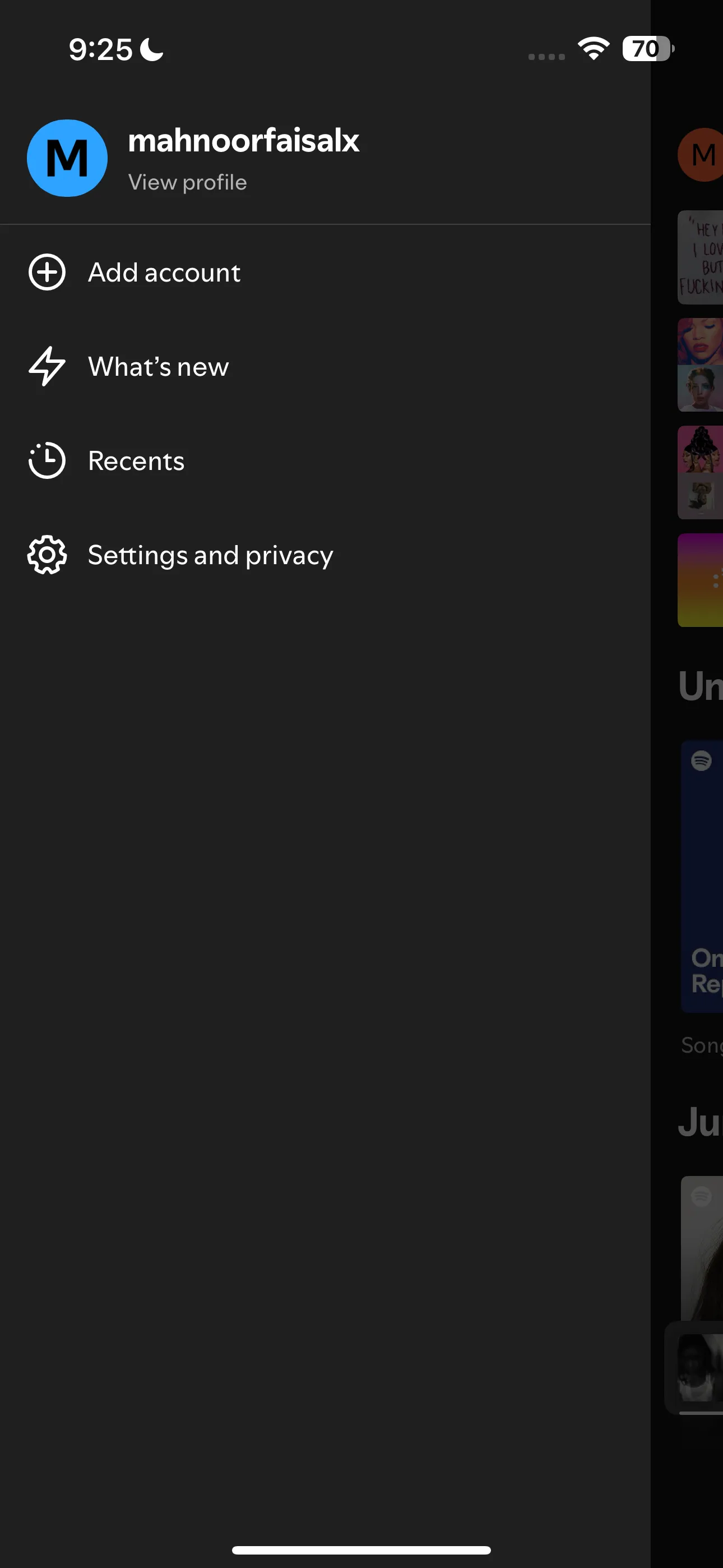 Giao diện cài đặt và quyền riêng tư của Spotify, hiển thị tùy chọn Cài đặt và quyền riêng tư để truy cập các tùy chỉnh phát nhạc.