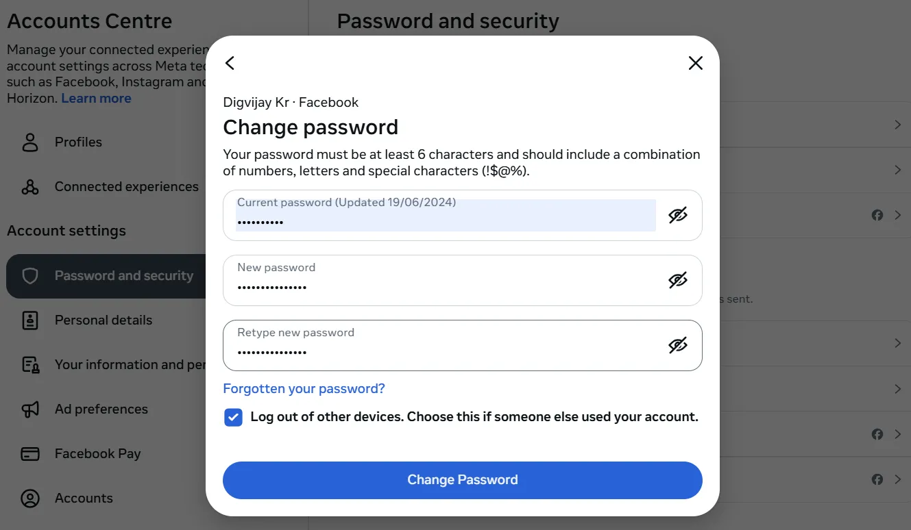 Giao diện cài đặt và thay đổi mật khẩu Facebook để tăng cường bảo mật tài khoản