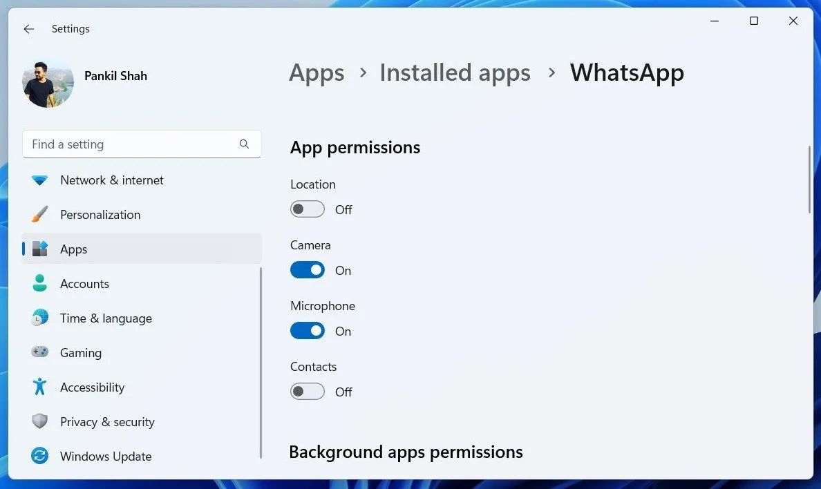 Giao diện cài đặt Windows 11 hiển thị quyền ứng dụng cho WhatsApp