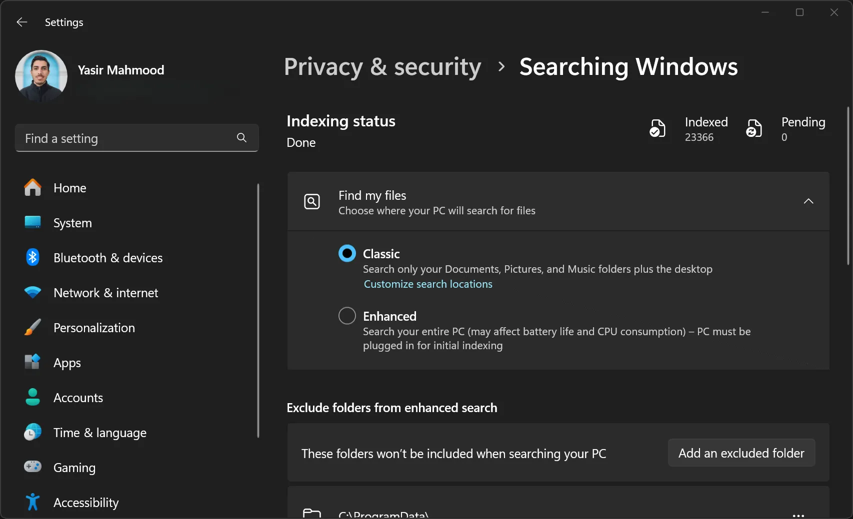 Giao diện Cài đặt Windows hiển thị các tùy chọn liên quan đến lập chỉ mục tìm kiếm (Windows Search Indexing), nơi người dùng có thể điều chỉnh hoặc tắt tính năng này để tối ưu hiệu suất NVMe SSD.