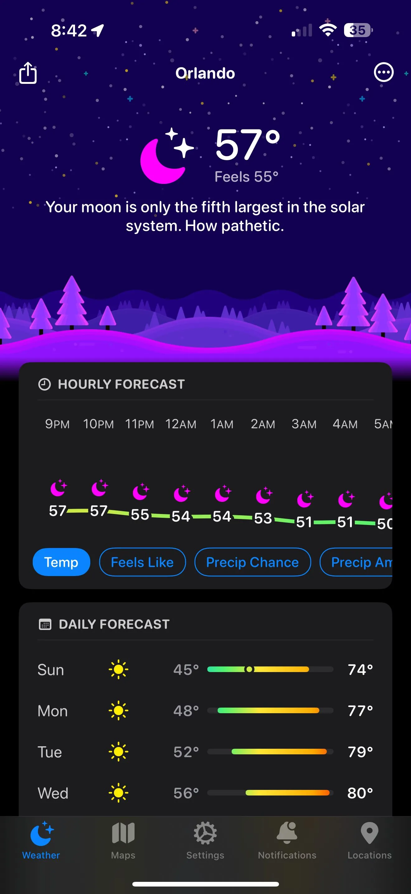 Giao diện Carrot Weather trên iPhone hiển thị dự báo thời tiết với lời bình hài hước về Orlando