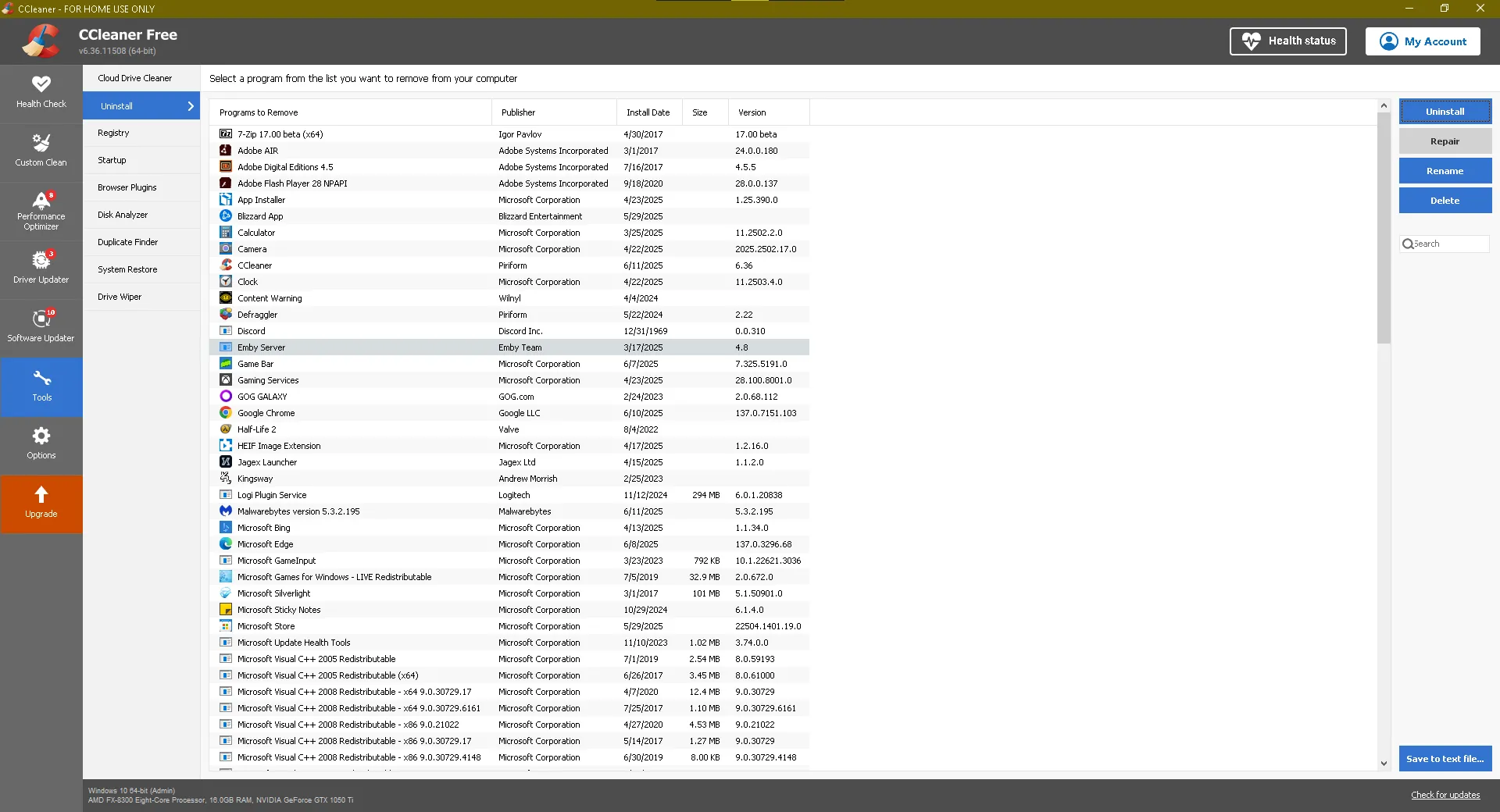 Giao diện CCleaner hiển thị danh sách các chương trình đã cài đặt trên máy tính Windows, hỗ trợ gỡ cài đặt hiệu quả