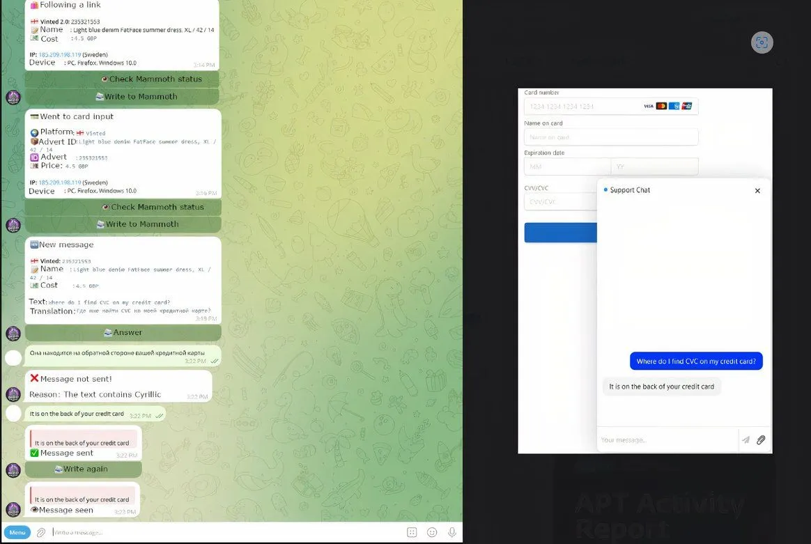 Giao diện chatbot tự động của Telekopye, hiển thị cửa sổ tin nhắn được dịch tự động từ kẻ tấn công (trái) và nạn nhân (phải)