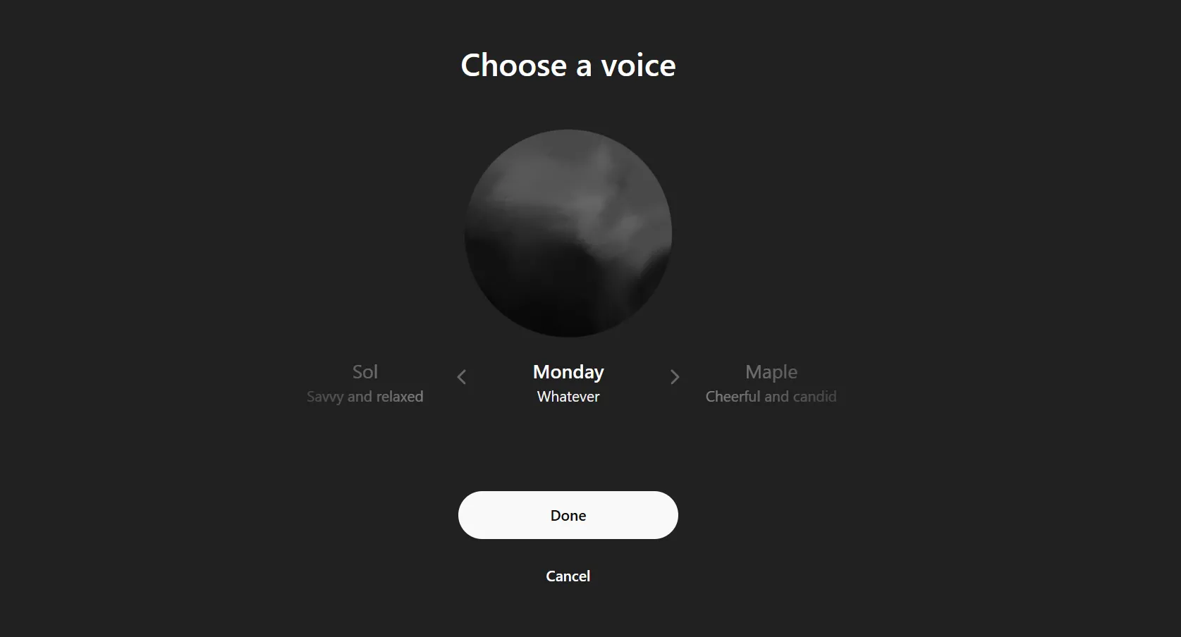 Giao diện ChatGPT với chế độ giọng nói Monday đang hoạt động, hiển thị bong bóng thoại và icon giọng nói.