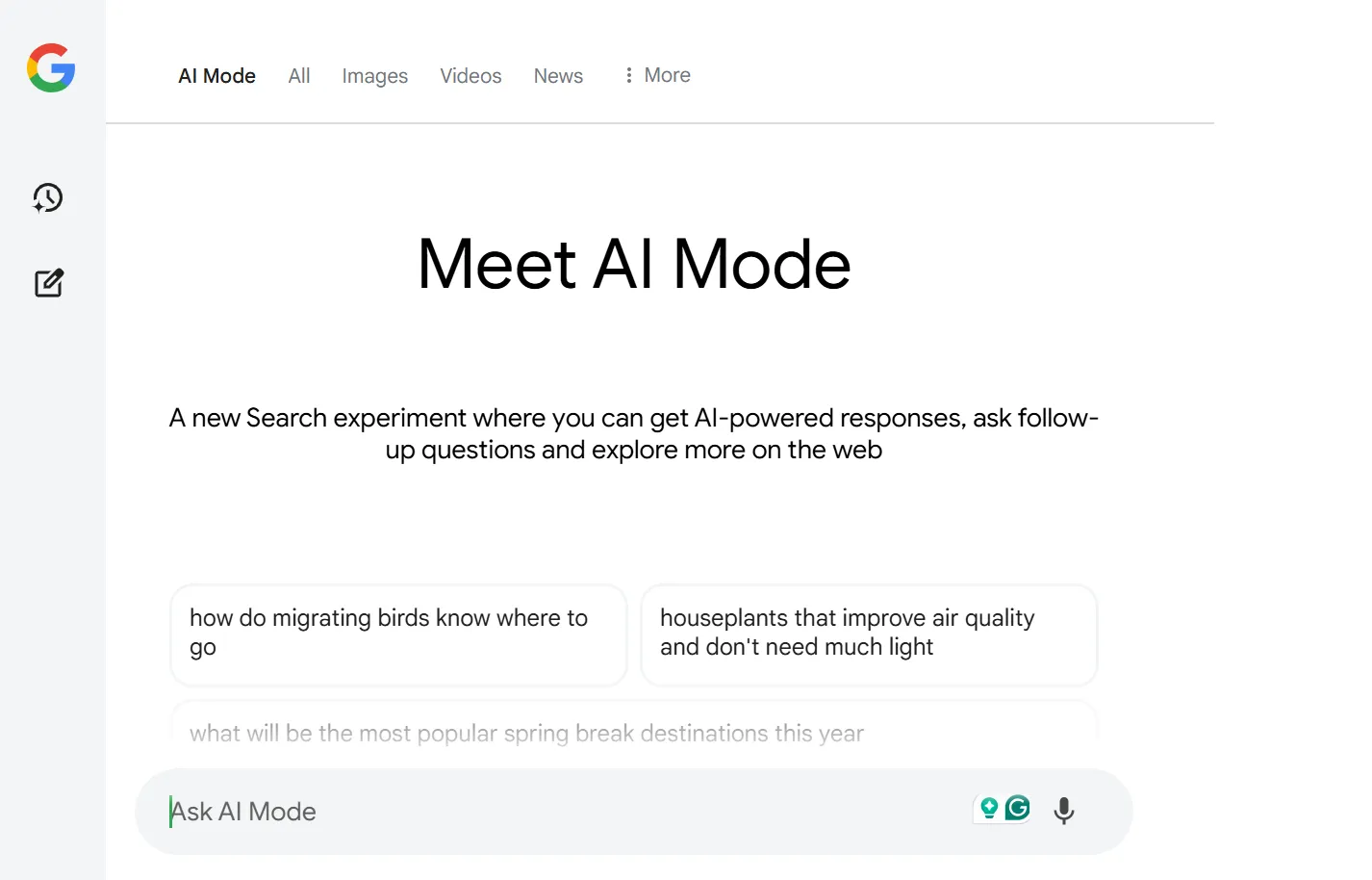Giao diện chế độ AI Mode mới trên Google Search với các tab tìm kiếm.