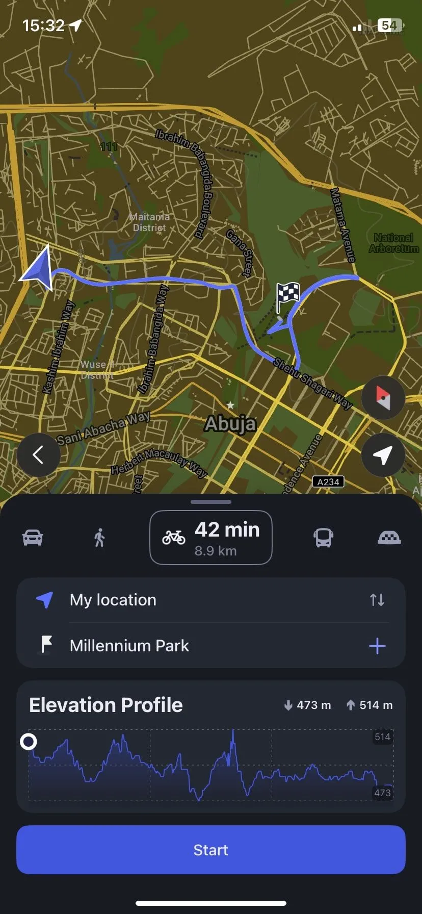 Giao diện chỉ đường đạp xe của MAPS.ME, cung cấp định vị chính xác và hiệu quả ngay cả khi ngoại tuyến.