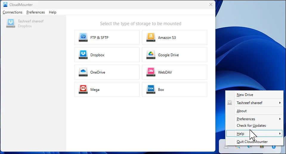Giao diện chính CloudMounter trên Windows 11 hiển thị các tùy chọn kết nối và ổ đĩa đám mây đã gắn kết