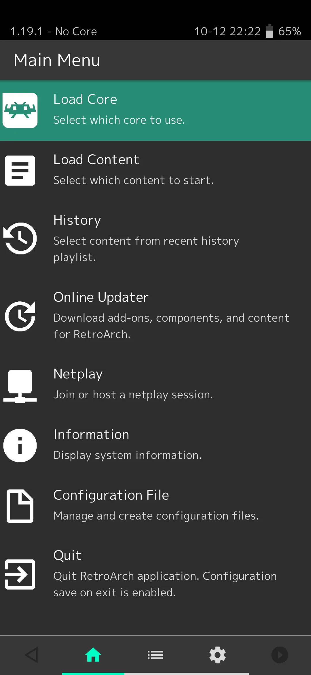 Giao diện chính của RetroArch trên điện thoại Android với các tùy chọn tải core và nội dung game