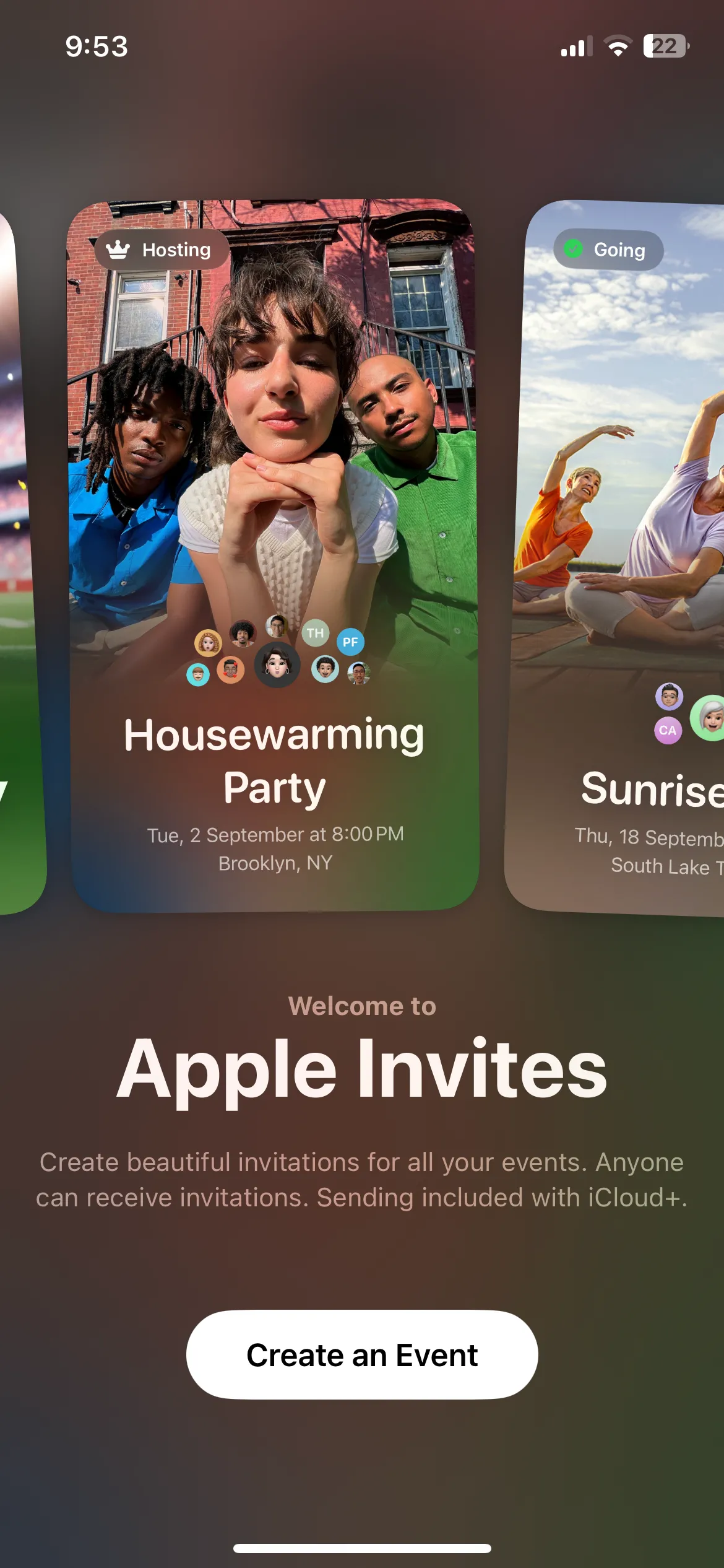 Giao diện chính của ứng dụng Apple Invites trên iPhone, giúp bạn dễ dàng tạo và gửi thiệp mời sự kiện.